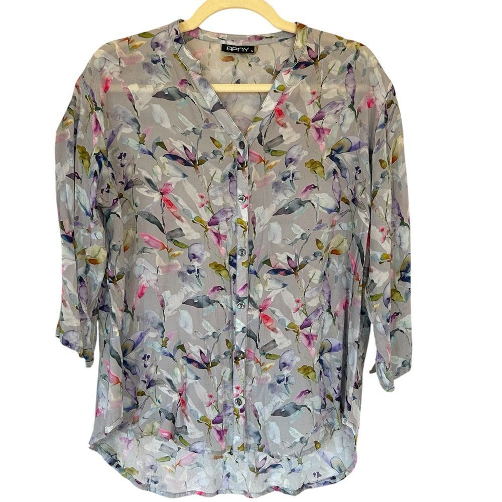 APNY Floral Watercolor Sheer Crinkle 3/4 Sleeve Hi-Lo Blouse L